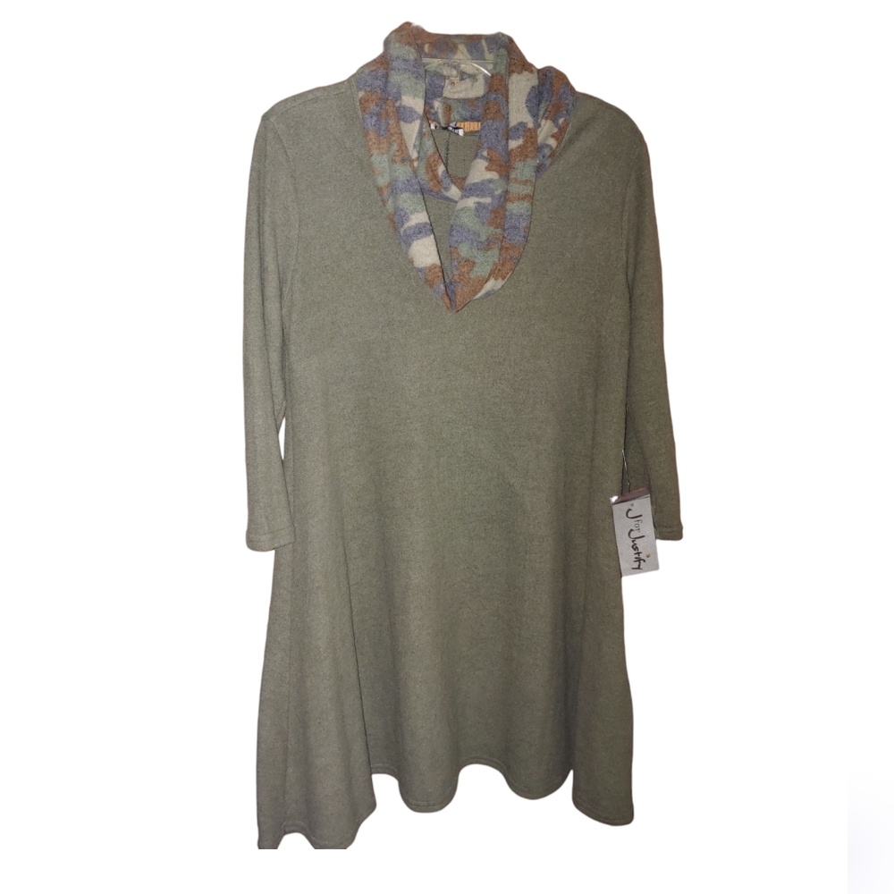 J for Justify Fleece Dress, Hunter Green with Camo Infinity Scarf, Size XL